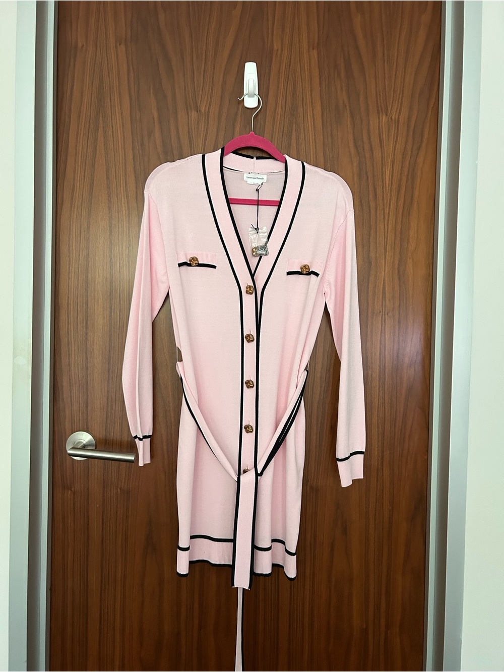 REVOLVE Pink Knit Belted Cardigan Mini with Black Trim - Picture 3 of 4